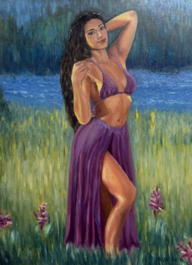 By the Water — woman in a violet dress in a wildflower field