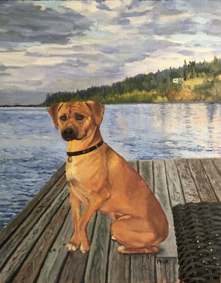 Lakeside — a dog seated on a wooden dock beneath a wide cloudy sky