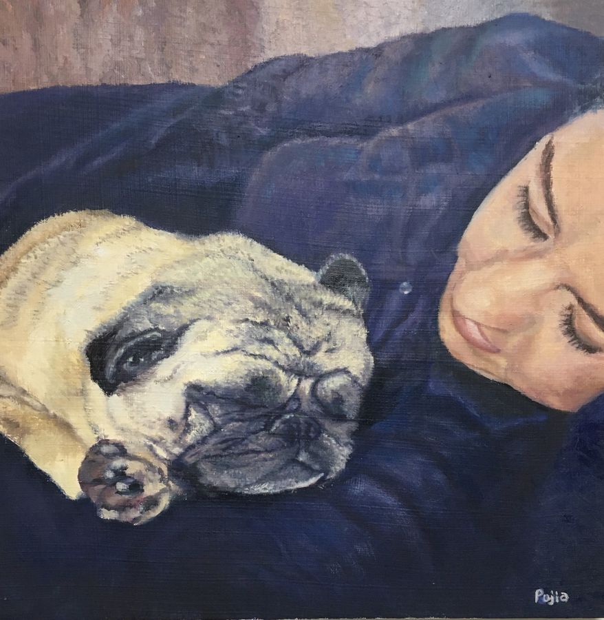 Slumber — a sleeping child beside a pug on deep blue bedding