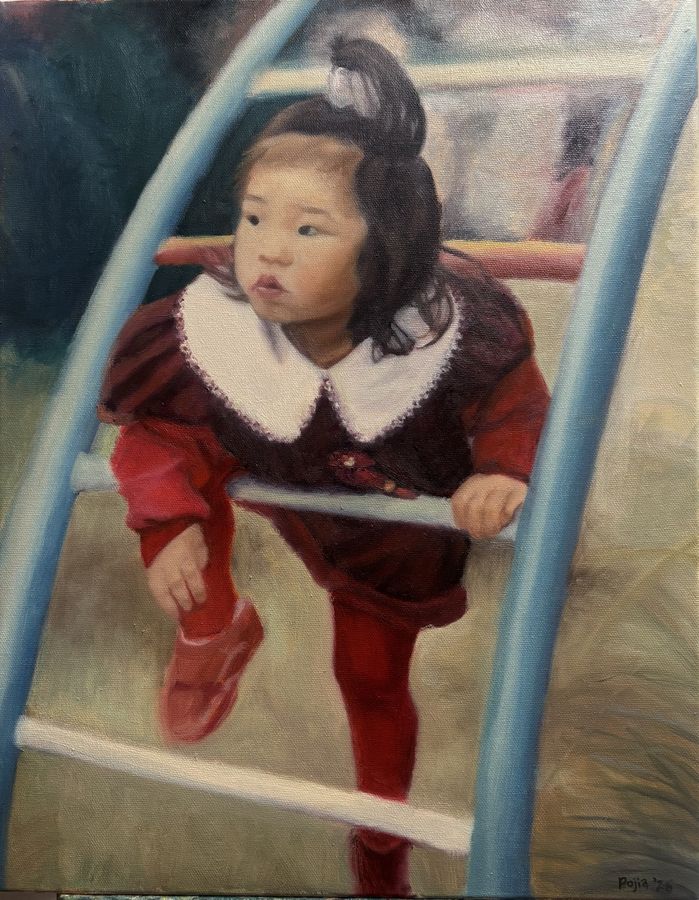 The Swing — a small child in red seated on a pale blue swing