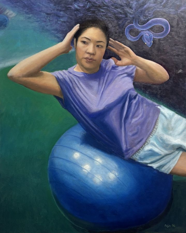 Oil portrait of a woman resting on a blue sphere with a violet serpent above